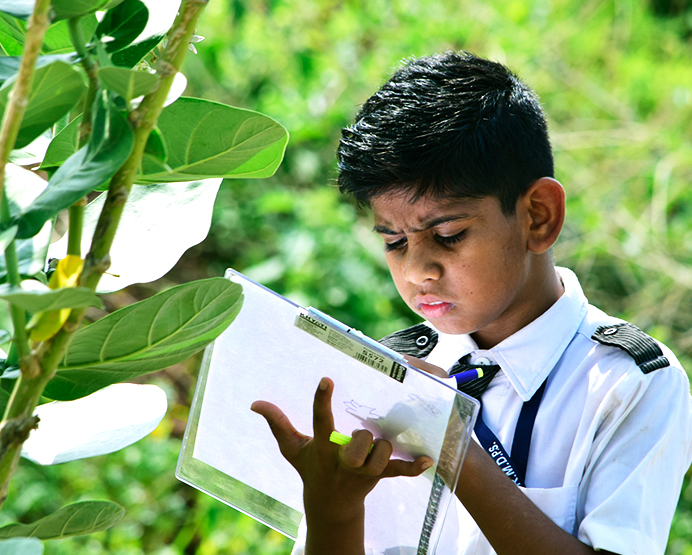 a student writing on paper in green environment